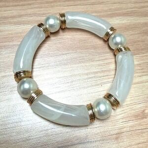 Vintage‎ Chunky Stretch Bracelet Frosted Acrylic & Faux Pearl Gold Tone Spacers